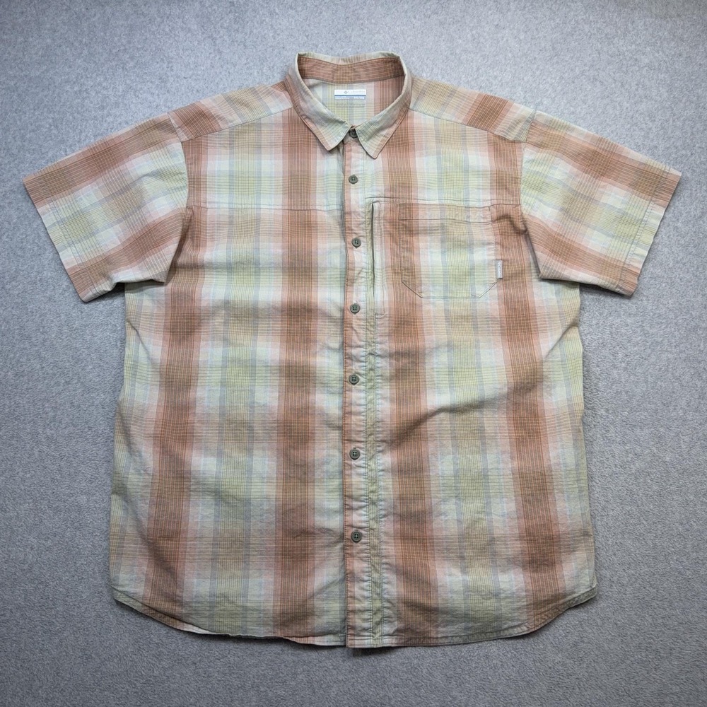 Columbia Utilizer Shirt Mens XXL Beige Plaid Short Sleeve Vented Fishing Stretch